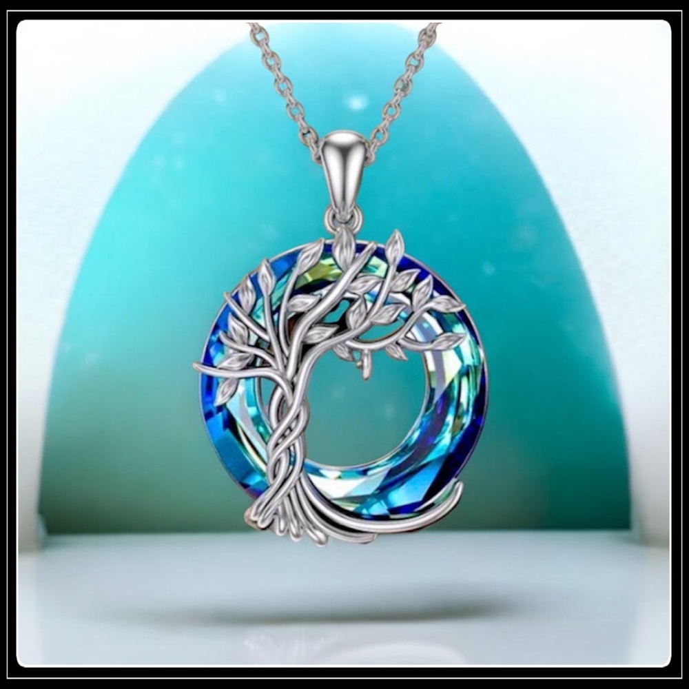 New Silver prism Aurora Borealis crystal Celtic Knot tree life pendant necklace